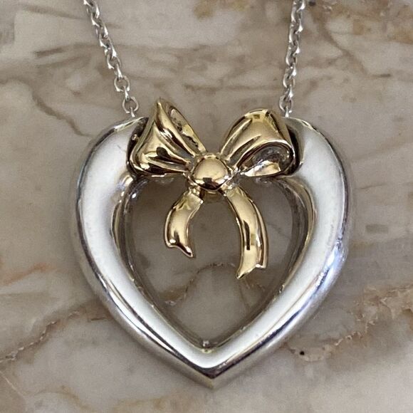 Tiffany & Co. 18K Gold & Sterling Silver Heart & Bow Ribbon Necklace - Picture 3 of 10